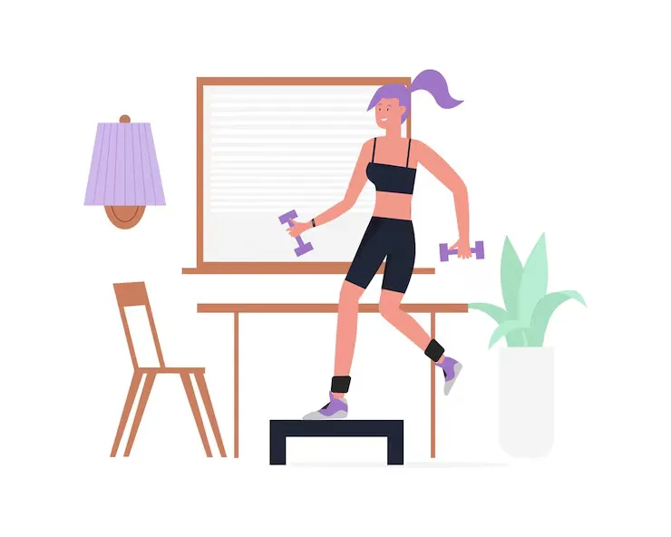 Illustrated grid showing office movement routine with numbered steps and soft geometric shapes